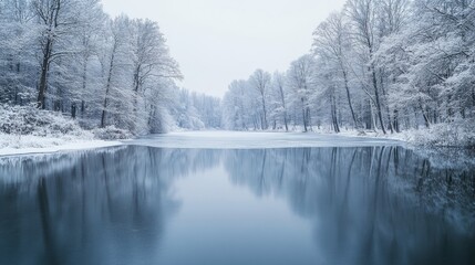A quiet winter lake with snowy trees around