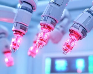 Close-up of robotic arms with glowing red tips in a futuristic setting, showcasing advanced technology and automation.