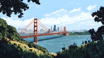 120. **Illustrate the Golden Gate Bridge during a sunny day with the San Francisco skyline and bay visible in the background.**