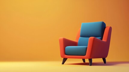 A vibrant mid-century modern chair in orange and blue hues, perfect for adding a pop of color to any interior space.