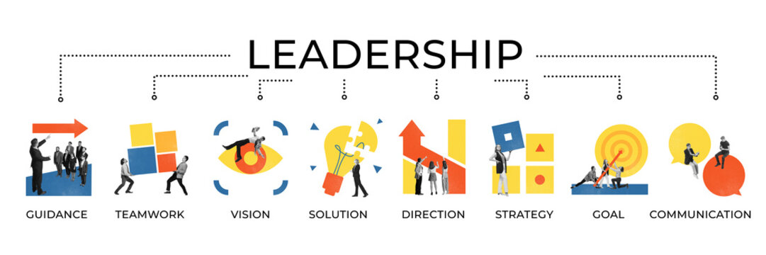 Poster. Contemporary art collage. Overview of leadership principles from guidance to communication, illustrating key elements of effective leadership.