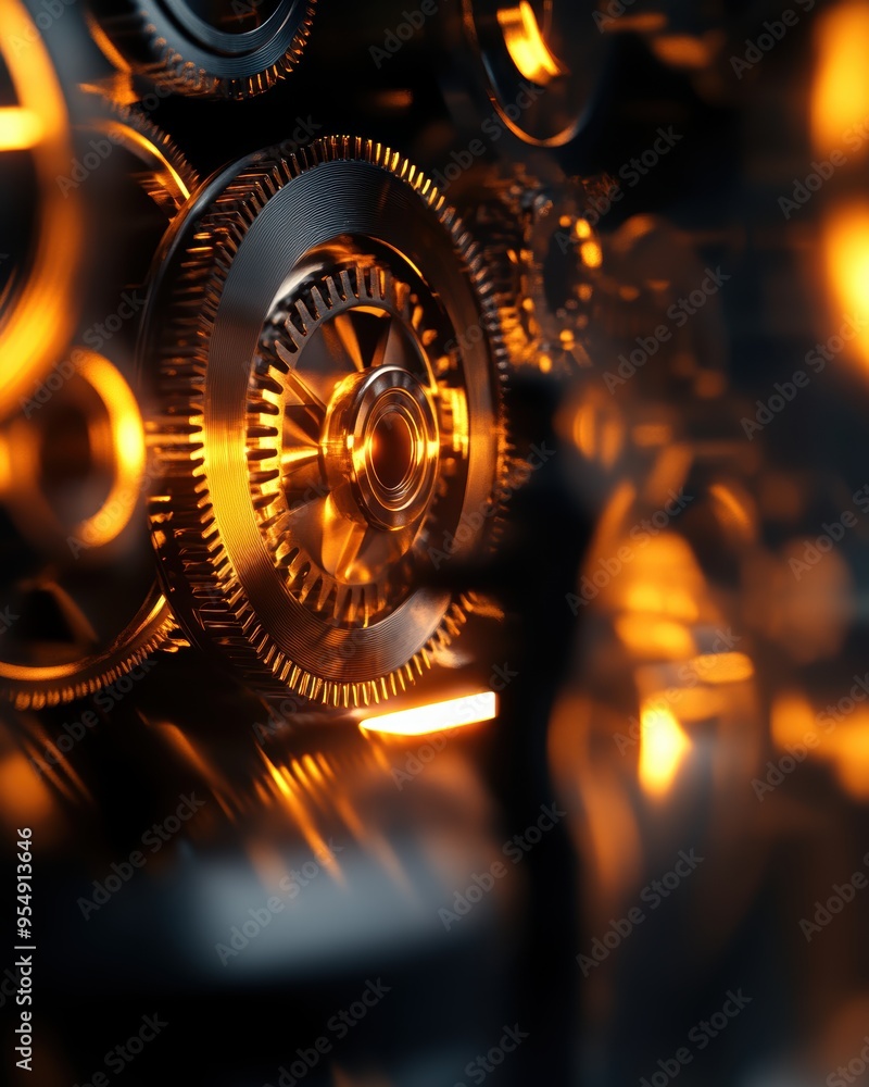 Poster close-up view of intricate gears in a mechanical setting, highlighting the elegant design and intric