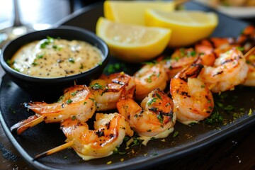 A serving of grilled prawns, skewered and served with a side of garlic aioli and lemon wedges