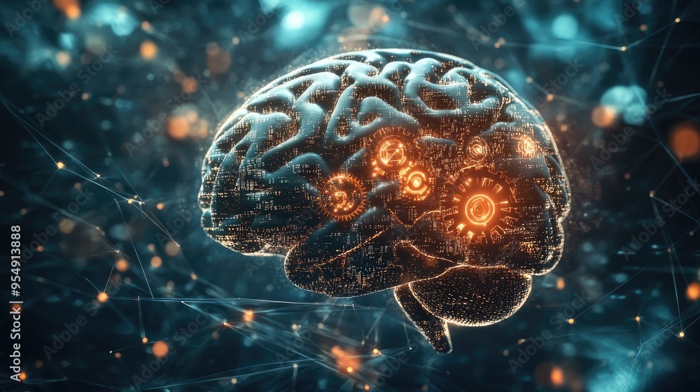 Poster a brain fused with mechanical gears and digital code, representing artificial intelligence, with a g