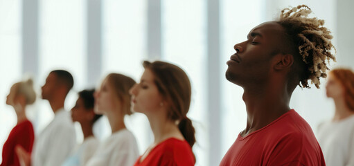 Obraz premium Group of diverse people meditating together in a bright, peaceful room.