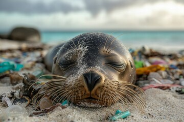 A Seal Sleeping on a Beach Polluted with Plastic Waste
