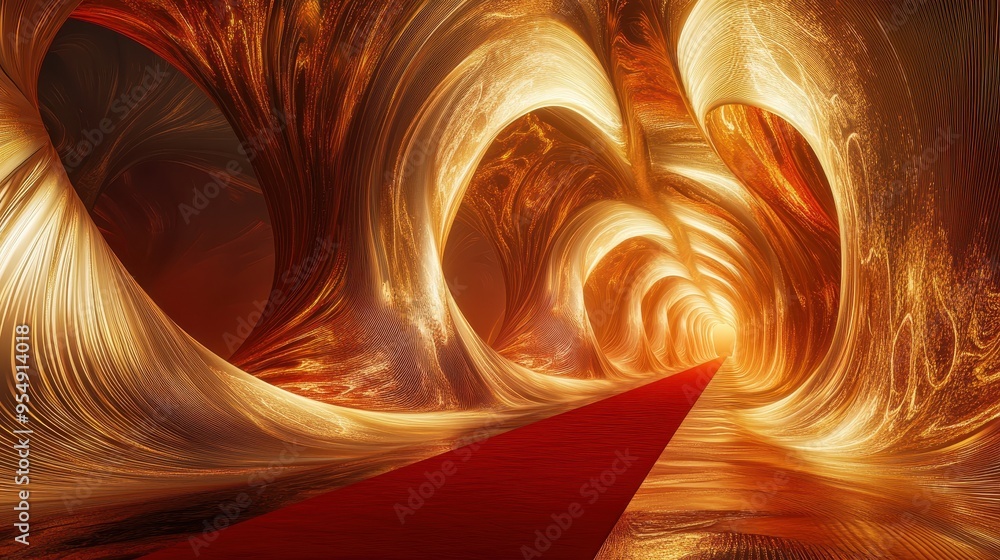 Poster abstract golden tunnel with red carpet path - 3d rendered digital art.
