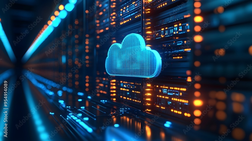 Poster cloud computing data center server room with blue cloud icon