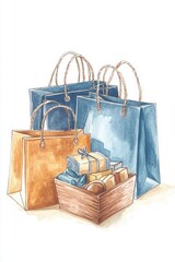Colorful shopping bags and a basket filled with gifts, perfect for showcasing retail or gift-giving themes.