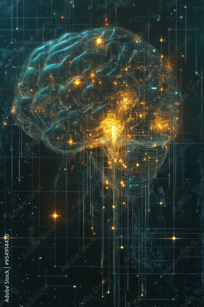 Poster abstract digital brain with network connections - artificial intelligence, machine learning, neural 