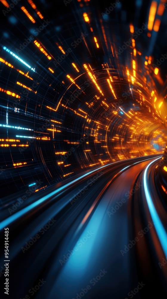 Poster dynamic abstract tunnel with glowing lights, conveying a sense of speed and futuristic movement.