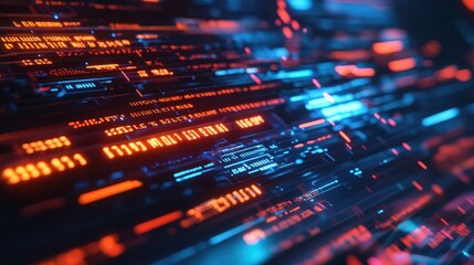 Abstract Futuristic Technology Background with Neon Lights, Digital Interface, Circuit Board, Data, and Code.