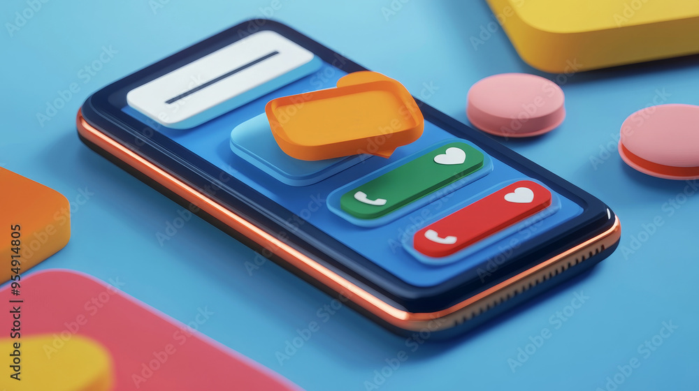 Poster colorful smartphone display with messaging and call icons, representing communication and modern tec
