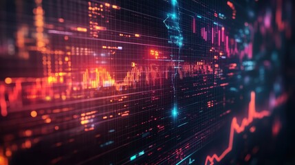 Abstract Digital Data Flow and Network Visualization - Red and Blue Glowing Lines on Dark Background.