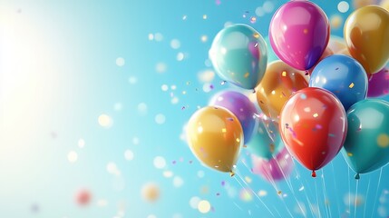 Colorful Balloons and Confetti on Blue Background - Celebration, Party, Festive, Joyful, Birthday