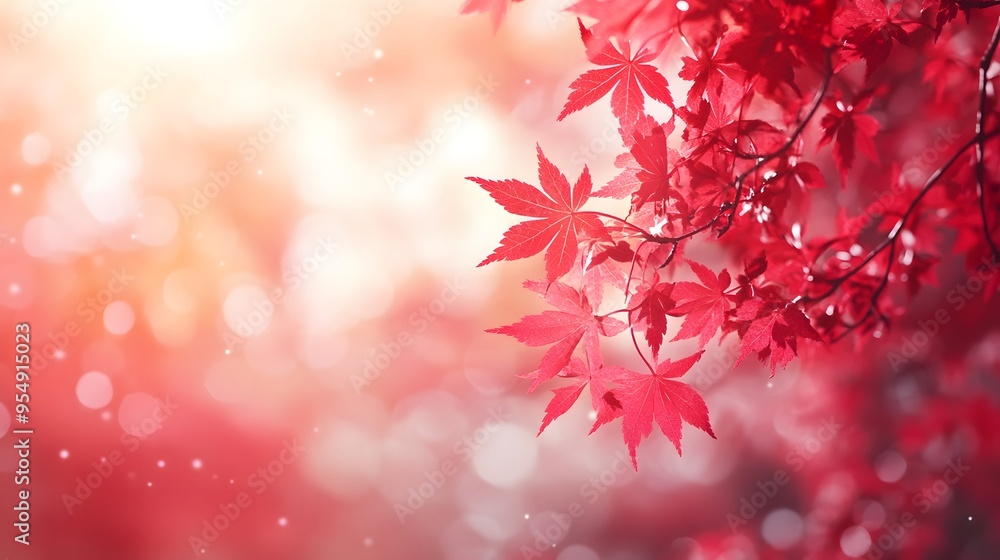 Poster red maple leaves with bokeh background in autumn