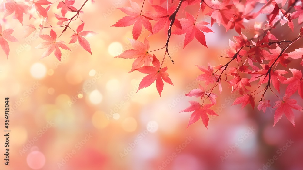 Poster red maple leaves with bokeh background