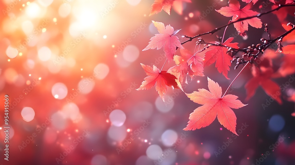 Poster red maple leaves with bokeh background autumn colors