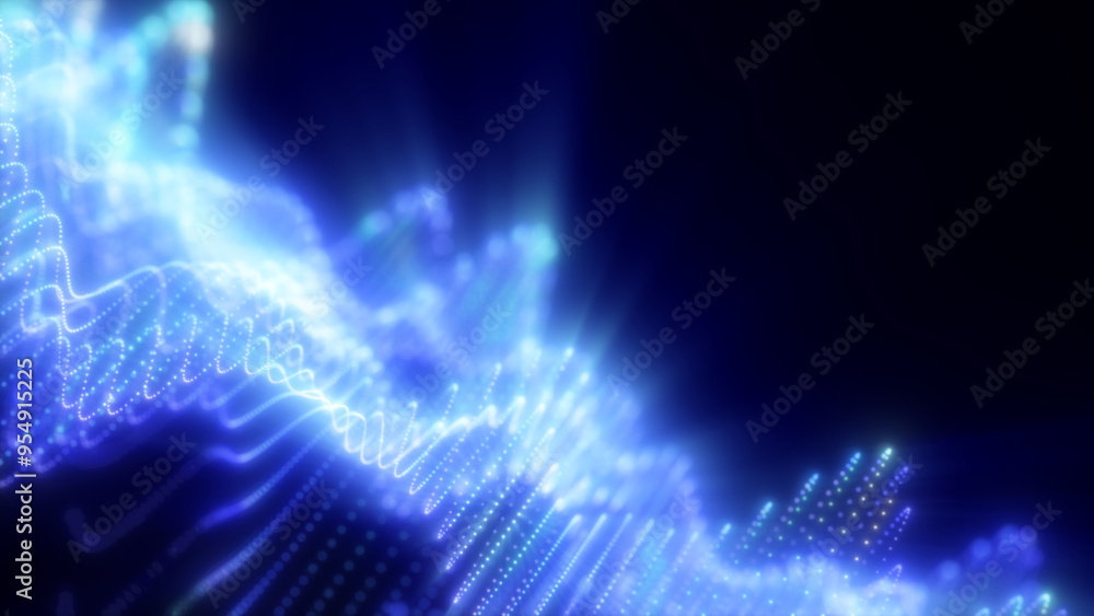 Poster abstract waves of glowing particles in vibrant blue creating a dynamic and fluid digital landscape a
