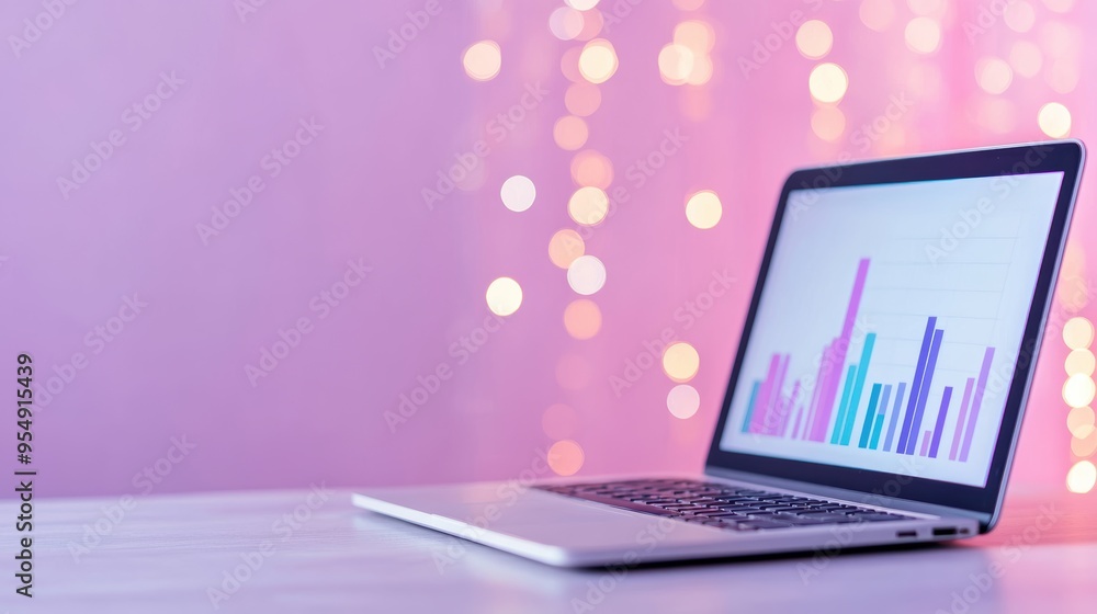 Poster modern laptop displaying colorful charts on a stylish desk with blurred lights in the background, sy