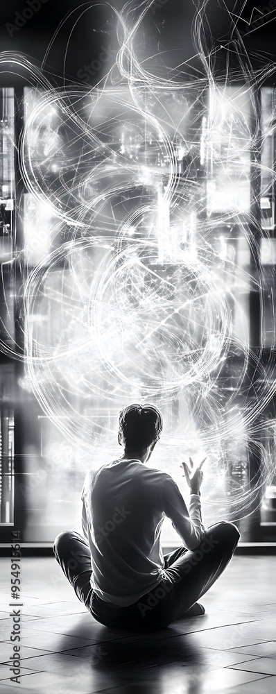 Poster man interacting with digital data.