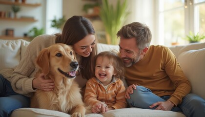 Fototapeta na wymiar A joyful family with a golden retriever relaxes together on a cozy sofa in a sunlit living room during a weekend afternoon