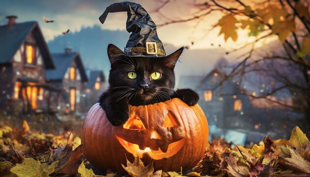 Black cat wearing a witch hat inside a carved pumpkin
