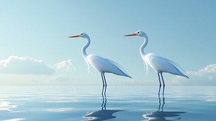 Two elegant white herons stand gracefully in calm water under a serene blue sky, reflecting tranquility and nature's beauty.