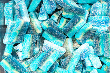Assorted colorful gummy jelly candies. Top view. Jelly sweets.