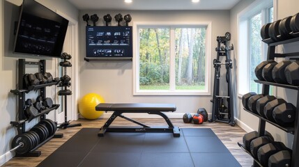 Fototapeta premium A clean, modern home gym setup with a weight bench, rubber flooring, a wall-mounted TV, and neatly arranged dumbbells and medicine ball.