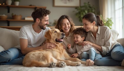 Fototapeta na wymiar A joyful family gathers on the couch with their golden retriever in a cozy living room basking in natural light during the afternoon
