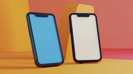 Two smartphones stand on a colorful background, showcasing modern design and vibrant display options, ideal for tech visuals.
