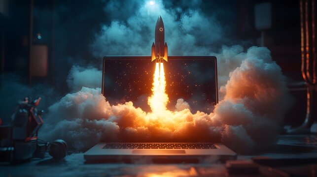 Laptop Rocket Launch Startup Business Concept