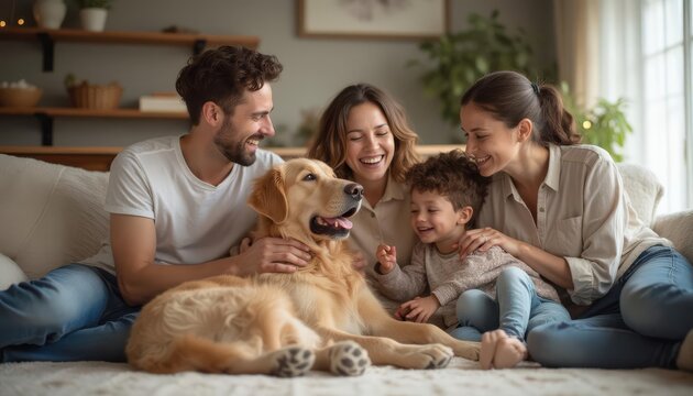 A joyful family gathers on the couch with their golden retriever in a cozy living room basking in natural light during the afternoon - Powered by Adobe