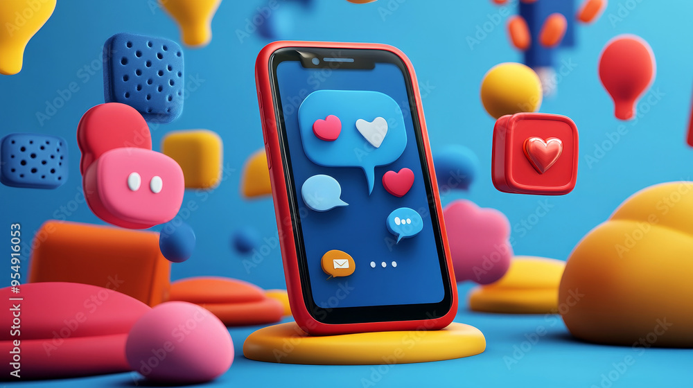 Poster vibrant smartphone displaying social media icons with colorful 3d elements representing communicatio