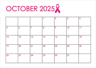 October month 2025 calendar. Simple design in pink and black colors and a pink ribbon awareness symbol for Breast Cancer awareness month 