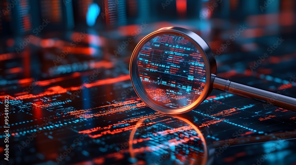 Poster magnifying glass examining digital code data