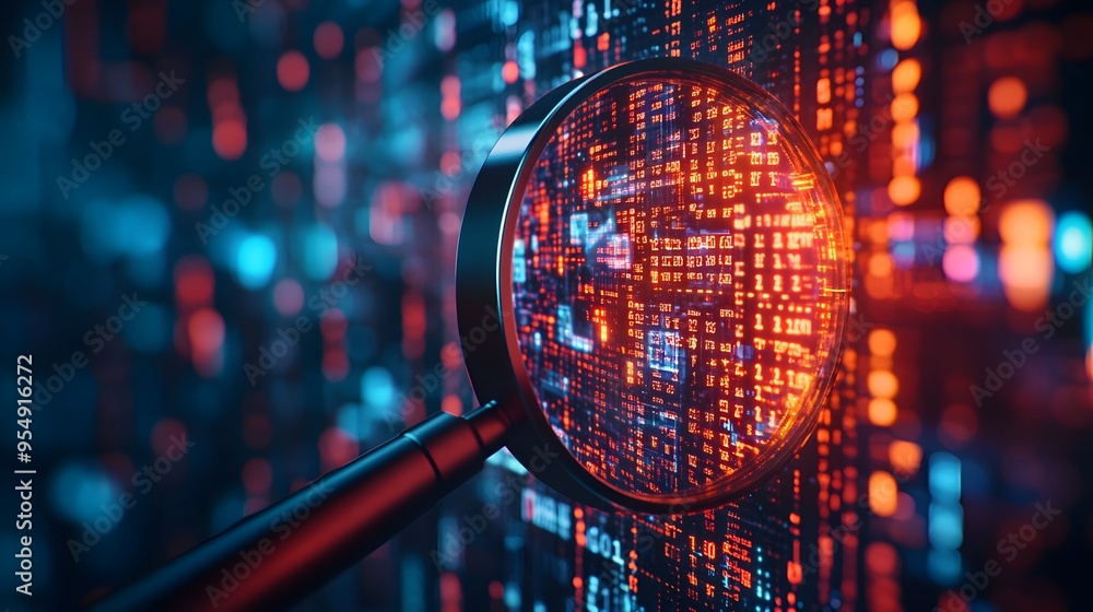 Aufkleber magnifying glass on digital code data security concept