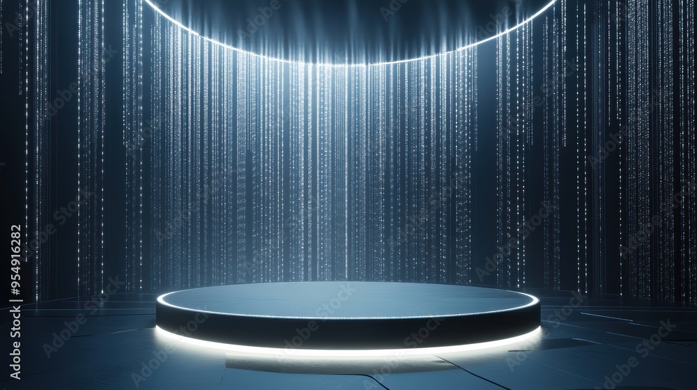 Poster futuristic abstract background with circular platform and glowing lights.