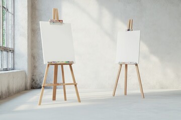 Two empty easels positioned in a bright, minimalistic studio, ready for artistic creations and inspiration.