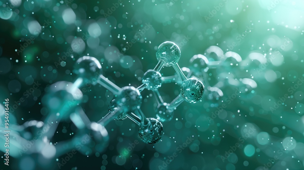 Poster abstract 3d molecular structure with green bokeh effect background in scientific research visualizat