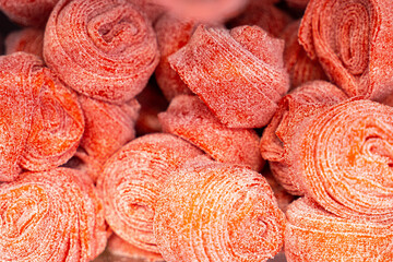 Assorted colorful gummy jelly candies. Top view. Jelly sweets.