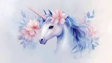 Watercolor Unicorn with Flowers and Leaves