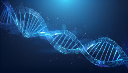 Abstract DNA double helix in futuristic technology style. Science concept. DNA blue background. Genetic and biology vector illustration. Digital gene. Low poly wireframe. Geometric 3D biology concept.