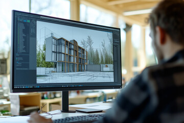 A designer creates innovative architectural plans with modern technology in a vibrant studio space