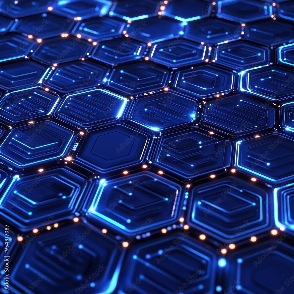 Poster abstract blue hexagon pattern with glowing lines and lights - futuristic technology background.