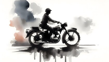 Black and white watercolor of a person riding a motorcycle