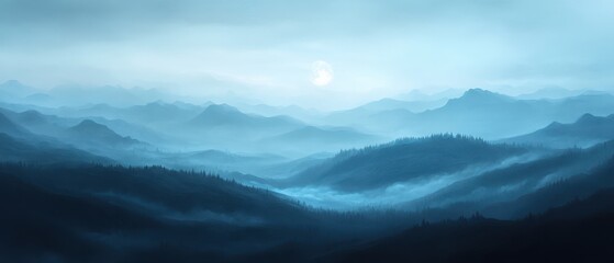 Misty Mountain Range with Full Moon - Blue Hour Landscape Photography.