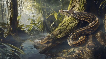 Titanoboa coiled around a giant tree with its head raised and eyes fixed on a distant prey The scene captures the snake's hunting prowess and the beauty of the jungle