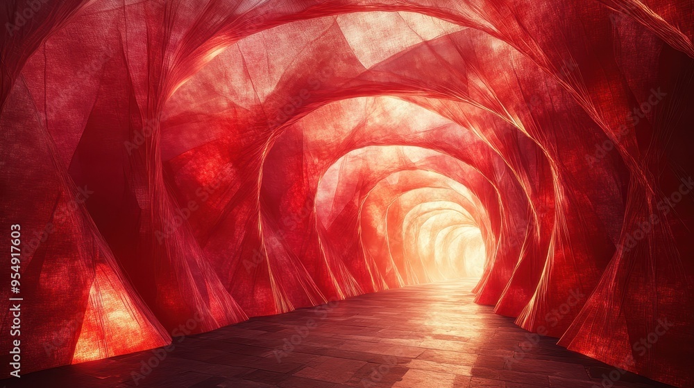 Poster Red Abstract Tunnel with Light at the End - 3D Render.